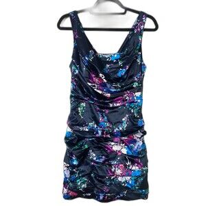 EXPRESS‎ Dress Ruched Satin Navy Purple Floral Cocktail Dress 6